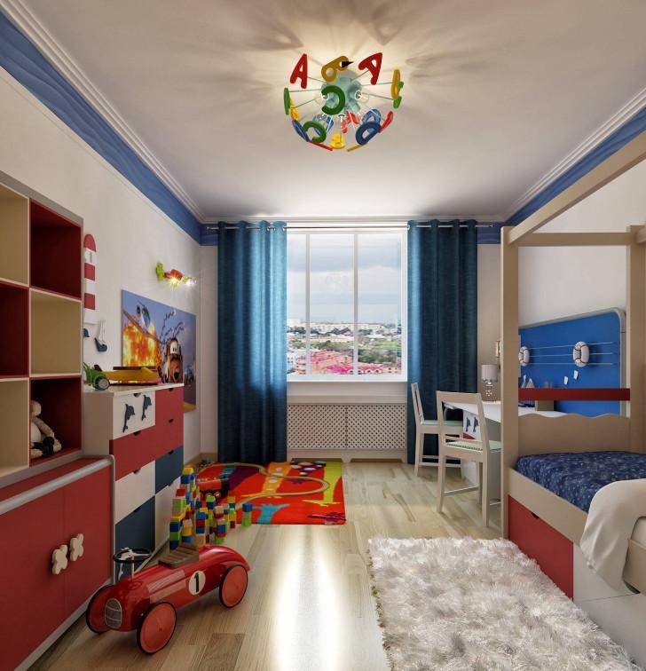 Дизайн узкой детской комнаты для девочки, мальчика и двух детей: фото интерьера